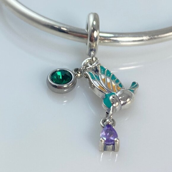 Sterling Silver Enamel Bird with Amethyst CZ Drop & Birthstone Dangle Charm - Picture 6 of 7
